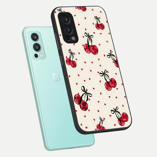 Cherry Heart Bow phone case For OnePlus Nord 2 showing premium glass back cover with detailed artwork