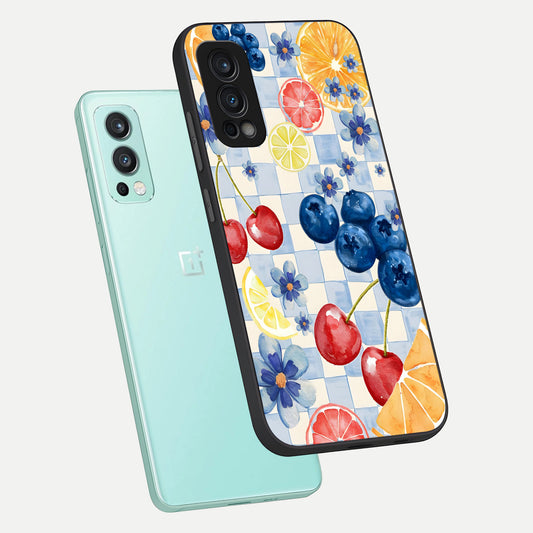 Citrus Bloom Joy phone case For OnePlus Nord 2 showing premium glass back cover with detailed artwork