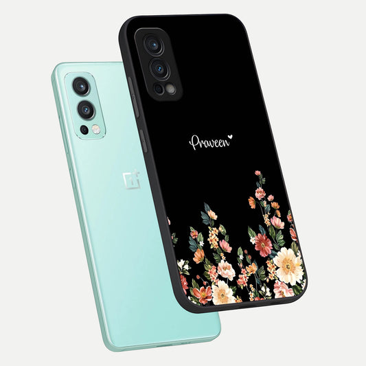 Floral Design Personalized Custom Name phone case For OnePlus Nord 2 showing premium glass back cover with detailed artwork