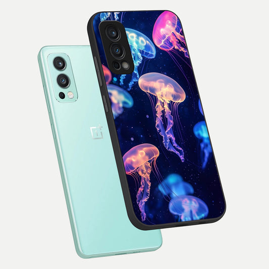 Jellyfish Pattern phone case For OnePlus Nord 2 showing premium glass back cover with detailed artwork