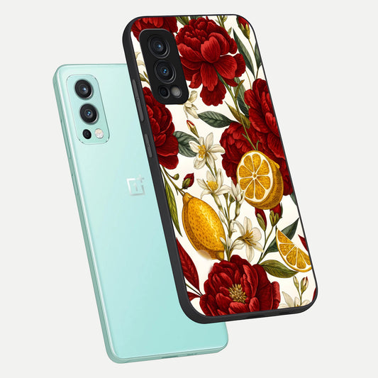 Lemon Rose Charm phone case For OnePlus Nord 2 showing premium glass back cover with detailed artwork