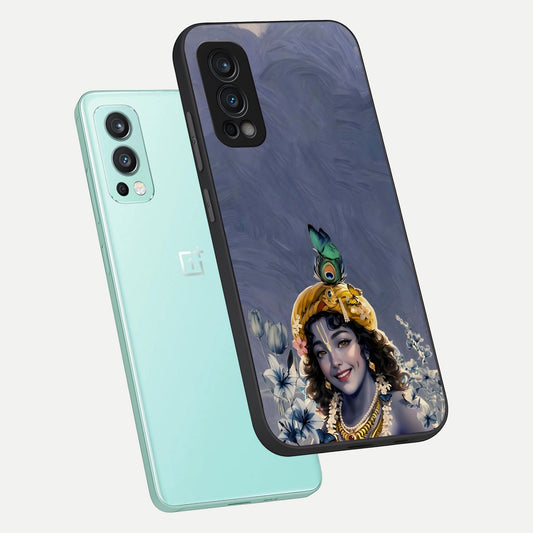 Lord Krishna phone case For OnePlus Nord 2 showing premium glass back cover with detailed artwork