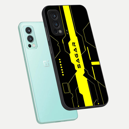 Neon CYBERPUNK Custom Name phone case For OnePlus Nord 2 showing premium glass back cover with detailed artwork