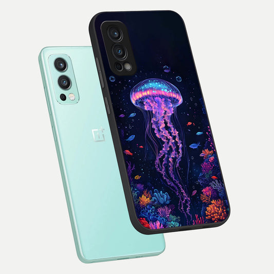 Neon Jellyfish phone case For OnePlus Nord 2 showing premium glass back cover with detailed artwork