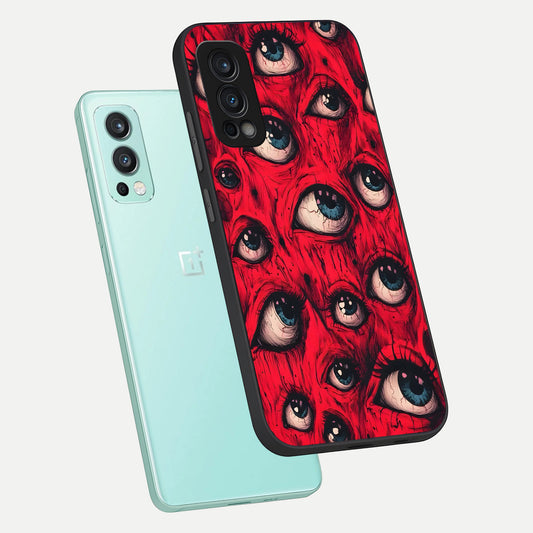 Red Eyes Pattern phone case For OnePlus Nord 2 showing premium glass back cover with detailed artwork