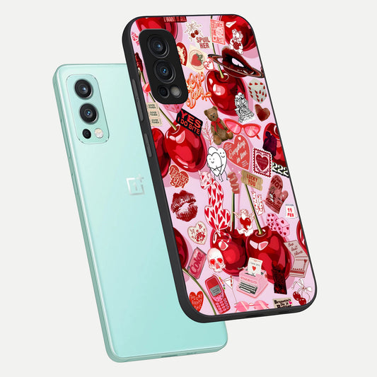 Sweet Cherry Chaos phone case For OnePlus Nord 2 showing premium glass back cover with detailed artwork