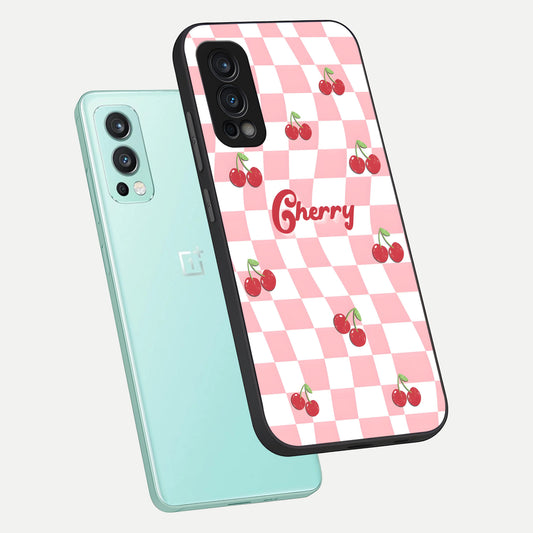 Sweet Cherry Vibes phone case For OnePlus Nord 2 showing premium glass back cover with detailed artwork