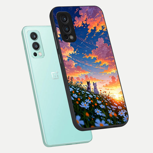 Two Cats Friends phone case For OnePlus Nord 2 showing premium glass back cover with detailed artwork