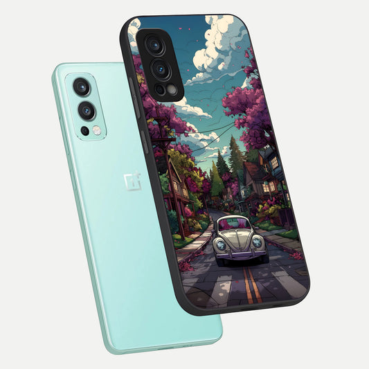 Vintage Street Drive phone case For OnePlus Nord 2 showing premium glass back cover with detailed artwork