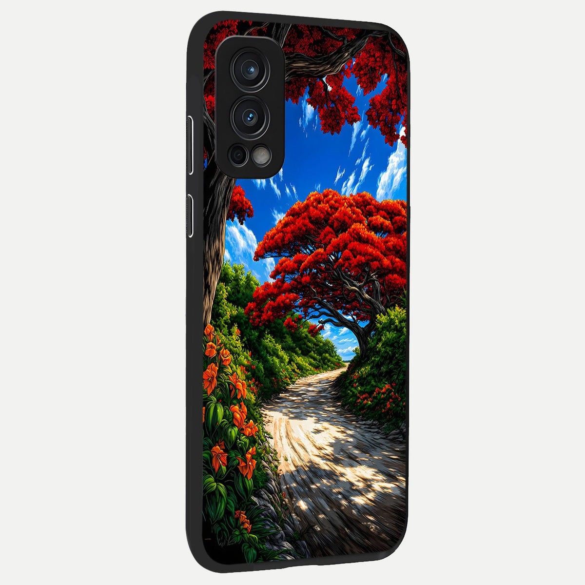 Red Trees Pathway back cover For OnePlus Nord 2 slim fit glass case with vibrant aesthetic design