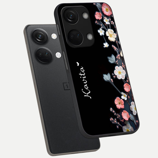 Black Elegance Floral Custom Name phone case For Oneplus Nord 3 showing premium glass back cover with detailed artwork