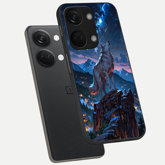Celestial Wolf Howl phone case For Oneplus Nord 3 showing premium glass back cover with detailed artwork