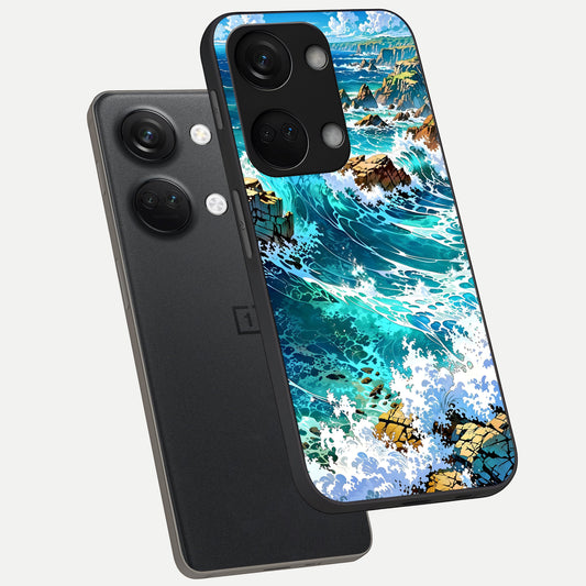 Coastal Blue Waves phone case For Oneplus Nord 3 showing premium glass back cover with detailed artwork