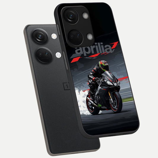 Dark Aprilla phone case For Oneplus Nord 3 showing premium glass back cover with detailed artwork
