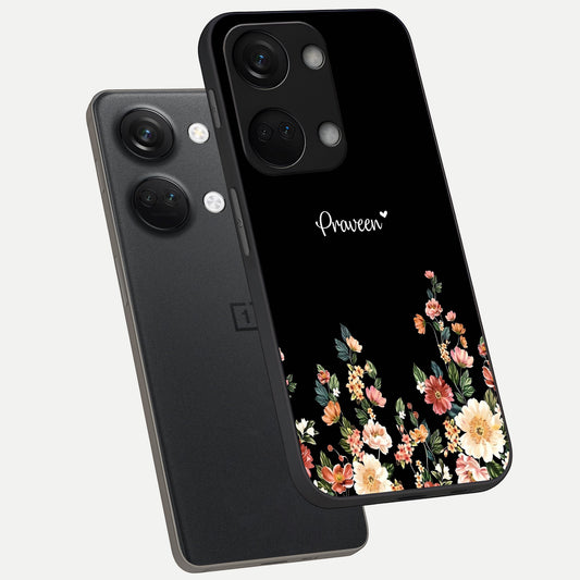 Floral Design Personalized Custom Name phone case For Oneplus Nord 3 showing premium glass back cover with detailed artwork