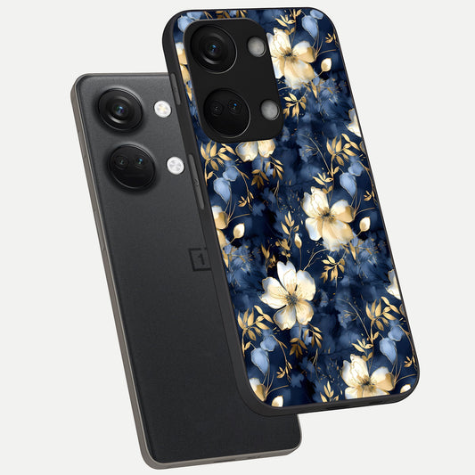 Golden Midnight Bloom phone case For Oneplus Nord 3 showing premium glass back cover with detailed artwork