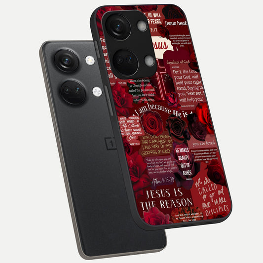 Jesus Love Heals phone case For Oneplus Nord 3 showing premium glass back cover with detailed artwork