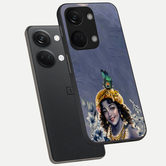 Lord Krishna phone case For Oneplus Nord 3 showing premium glass back cover with detailed artwork