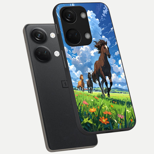 Majestic Horses Galloping phone case For Oneplus Nord 3 showing premium glass back cover with detailed artwork