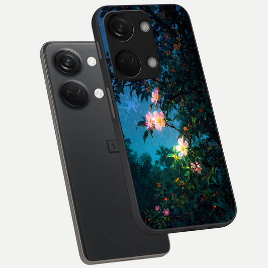 Midnight Bloom Glow phone case For Oneplus Nord 3 showing premium glass back cover with detailed artwork