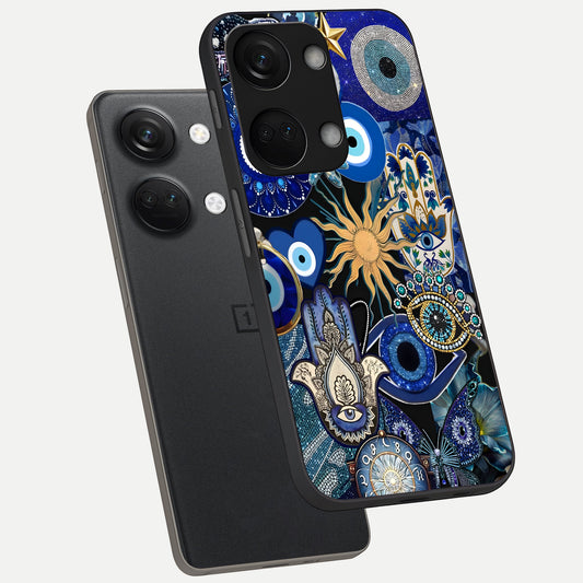Mystic Blue Evil Eye phone case For Oneplus Nord 3 showing premium glass back cover with detailed artwork