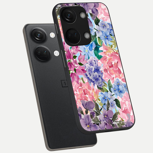Pastel Floral Mix phone case For Oneplus Nord 3 showing premium glass back cover with detailed artwork