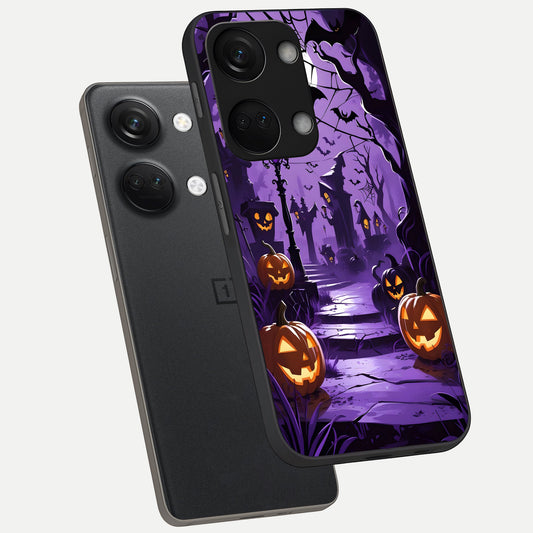 Pumpkin Patch Halloween phone case For Oneplus Nord 3 showing premium glass back cover with detailed artwork