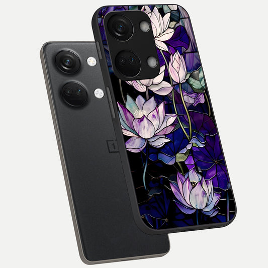 Purple Lotus Pattern phone case For Oneplus Nord 3 showing premium glass back cover with detailed artwork