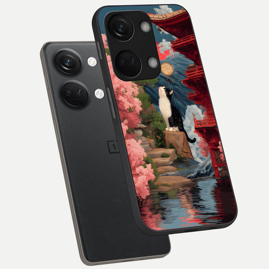 Temple Cat Scenery phone case For Oneplus Nord 3 showing premium glass back cover with detailed artwork