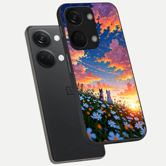 Two Cats Friends phone case For Oneplus Nord 3 showing premium glass back cover with detailed artwork