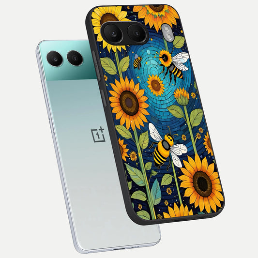 Bees And Sunflowers phone case For Oneplus Nord 4 showing premium glass back cover with detailed artwork