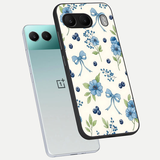 Blue Flower And Bow phone case For Oneplus Nord 4 showing premium glass back cover with detailed artwork
