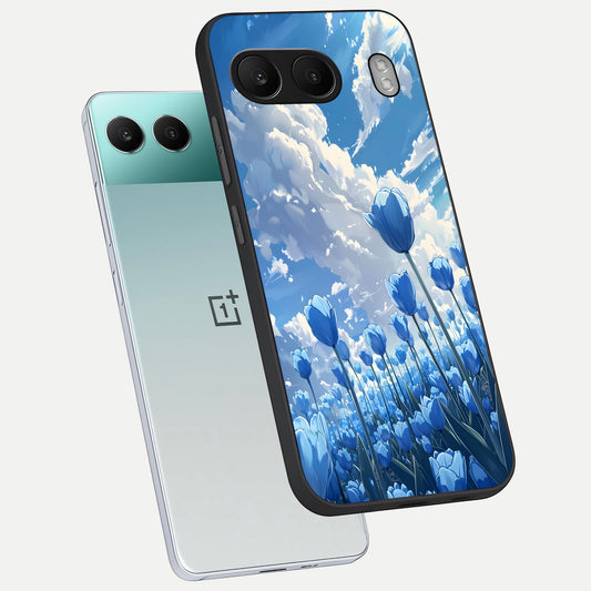 Blue Tulip Clouds phone case For Oneplus Nord 4 showing premium glass back cover with detailed artwork