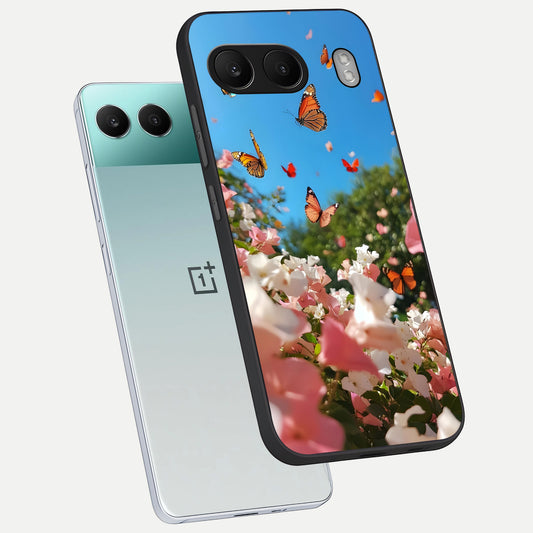 Butterflies In Bloom Sky phone case For Oneplus Nord 4 showing premium glass back cover with detailed artwork