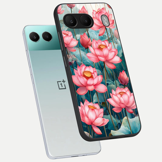 Celestial Pink Lotus phone case For Oneplus Nord 4 showing premium glass back cover with detailed artwork