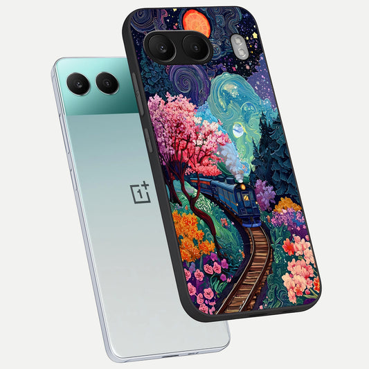 Celestial Train Journey phone case For Oneplus Nord 4 showing premium glass back cover with detailed artwork