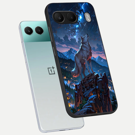 Celestial Wolf Howl phone case For Oneplus Nord 4 showing premium glass back cover with detailed artwork