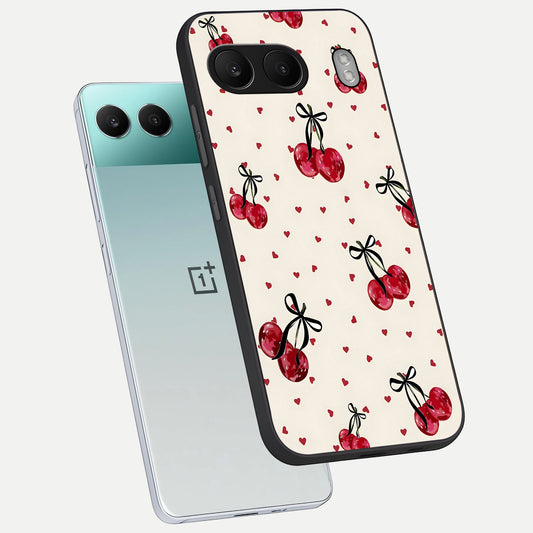 Cherry Heart Bow phone case For Oneplus Nord 4 showing premium glass back cover with detailed artwork