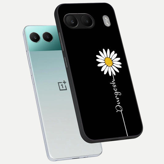 Custom Name White Flower phone case For Oneplus Nord 4 showing premium glass back cover with detailed artwork