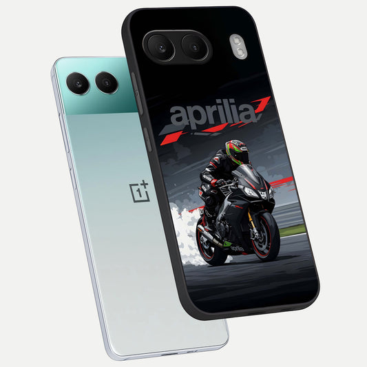 Dark Aprilla phone case For Oneplus Nord 4 showing premium glass back cover with detailed artwork