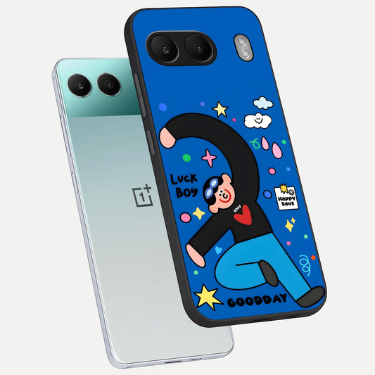 Happy Luck Vibe phone case For Oneplus Nord 4 showing premium glass back cover with detailed artwork