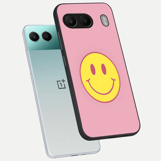 Happy Pink Mood phone case For Oneplus Nord 4 showing premium glass back cover with detailed artwork