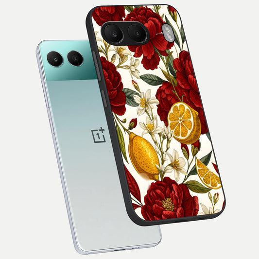 Lemon Rose Charm phone case For Oneplus Nord 4 showing premium glass back cover with detailed artwork