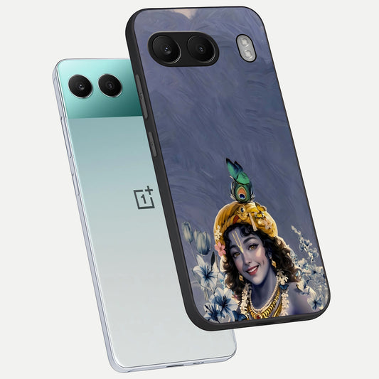 Lord Krishna phone case For Oneplus Nord 4 showing premium glass back cover with detailed artwork