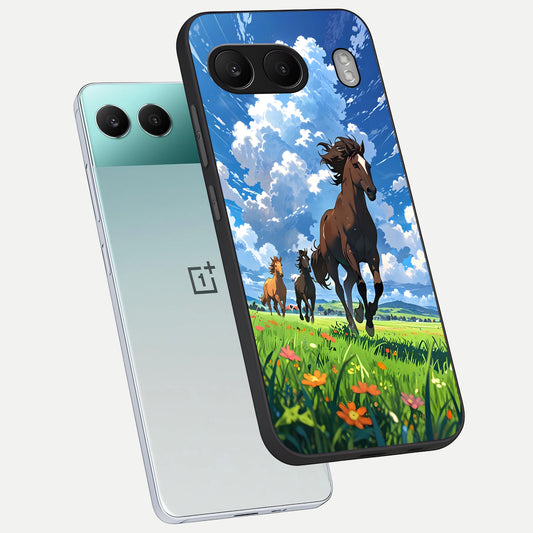 Majestic Horses Galloping phone case For Oneplus Nord 4 showing premium glass back cover with detailed artwork