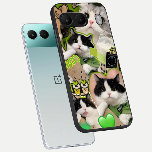 Matcha Cats Mood phone case For Oneplus Nord 4 showing premium glass back cover with detailed artwork