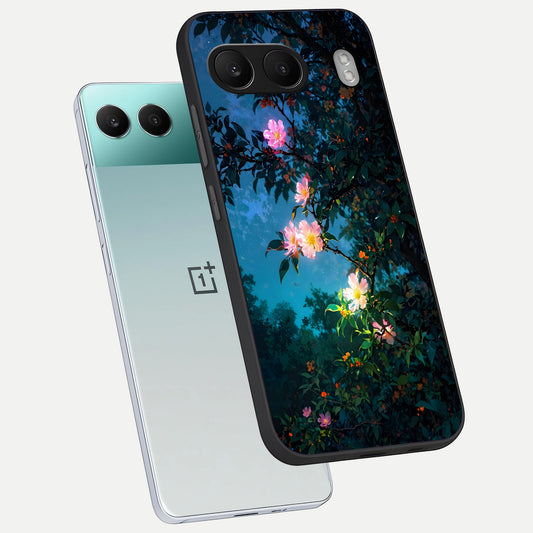 Midnight Bloom Glow phone case For Oneplus Nord 4 showing premium glass back cover with detailed artwork