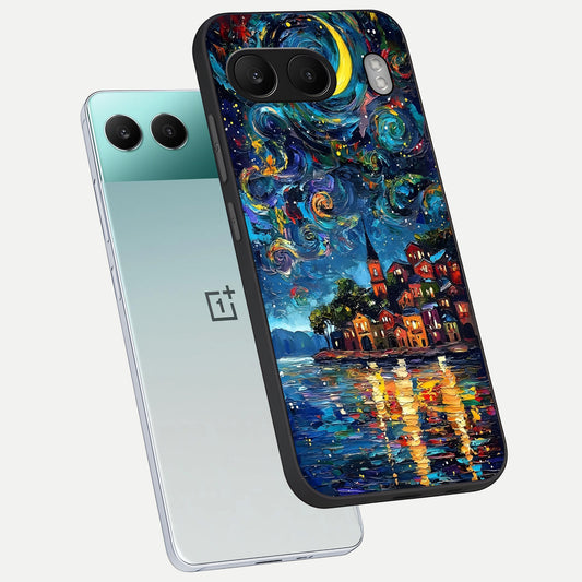 Moonlight Harbor Glow phone case For Oneplus Nord 4 showing premium glass back cover with detailed artwork