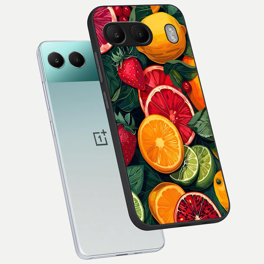 Multiple Fruits phone case For Oneplus Nord 4 showing premium glass back cover with detailed artwork