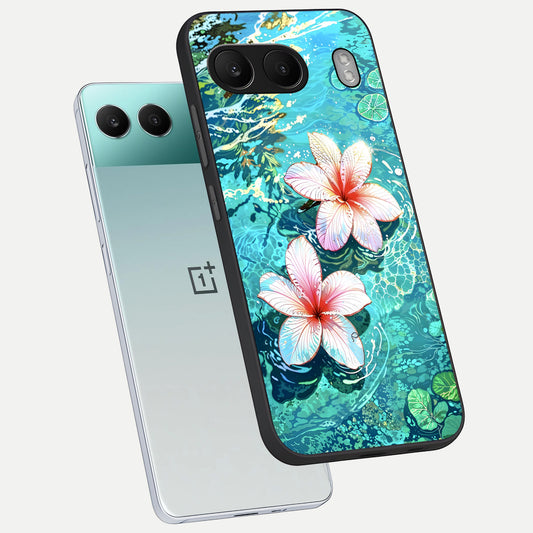 Pink Flowers in Water phone case For Oneplus Nord 4 showing premium glass back cover with detailed artwork
